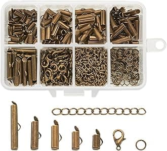 Beadthoven 1Box 5Sizes Antique Bronze Brass Slide On End Clasps with Alloy Lobster Claw Clasps & Iron Twist Extender Chains Jump Rings Cord Ends Finding for Jewelry Making 8mm/10mm/13mm/16mm/25mm