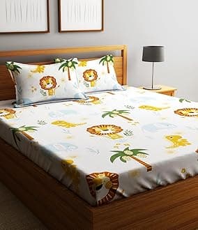 Home Sizzler 144TC Kid's Lion's Haven Double Bedsheet with 2 King Size Pillow Covers