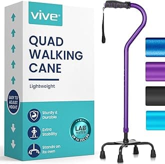 Vive Quad Cane - Walking Stick for Men and Women - Lightweight Adjustable Staff - Comfortable Right and Left Hand Grip for Stability Support - Four Prong Sturdy Aluminum Travel Aid - 4 Tip