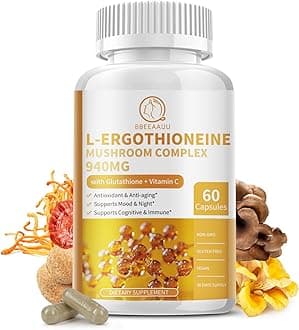 L-Ergothioneine Mushroom Complex Capsules Supplements with L-Ergothioneine 5MG, Organic Mushroom Extracts 940MG, Glutathione 150MG for Immune Support & Brain Supplement, Vegan, 60 Counts