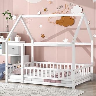 LLS Full Size Floor Bed Frame with Roof, Wooden Montessori Bed with Fence, House Bed for Boys Girls Bedroom, White