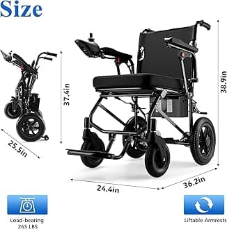 Foldable Electric Wheelchair for Adults - 350 lbs Weight Capacity & 12 Miles Range, Lightweight Power Wheelchair, Brushless Motor, Portable Folding Design, Black