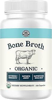 Organic, Grass-Fed Bone Broth Powder Capsules - Protein, Collagen Supplement. Supports Nails, Hair, Joints and Gut Health. : 180 Capsules