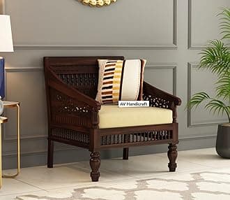Solid Sheesham Wood Sofa Set for Living Room | Sofas | Wooden Sofa Set (Walnut & Cream, 1 Seater)
