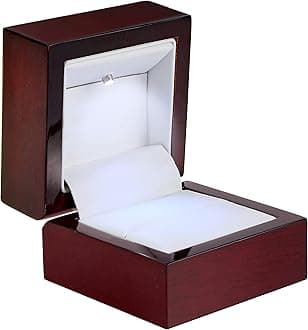 Allure - Luxury Ring Box With LED Light, Authentic Mahogany Wood With White Leatherette Insert, Square Elegant Diamond Ring Case, For Unique Proposal Or Wedding, Small Jewelry Display Gift Box.