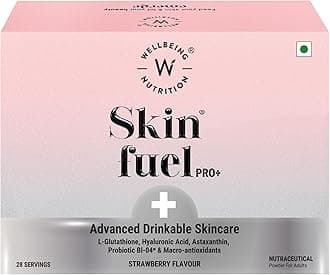 Wellbeing Nutrition Skin Fuel Pro+ | Glutathione, Vit C & E, Hyaluronic Acid, Astaxanthin, Probiotic Bl-04® |Reduces Pigmentation, Dark Spots & Signs of Aging | Strawberry Flavour | 28 Servings
