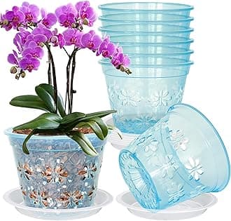 Orchid Pot, 8 Pack Orchid Pots with Holes & Saucers, Clear Plastic Pot for Repotting, Breathable Ventilation Planters for Phalaenopsis, Dendrobium & Oncidium Orchids(7 inch, Blue)