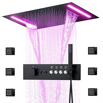 Waterfall And Rain Shower System Faucet Set 14 X 20 Inch LED Ceiling Rainfall Matte Black Shower Head With Handheld Spray Combo Shower Body Jets For Bathroom