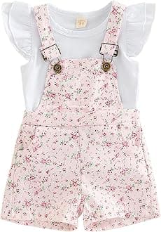ZZLBUFToddler Baby Girl Overalls Romper Outfit Kids Ruffle Sleeve Tops T-Shirt + Floral Suspender Pocket Shorts Clothes Set