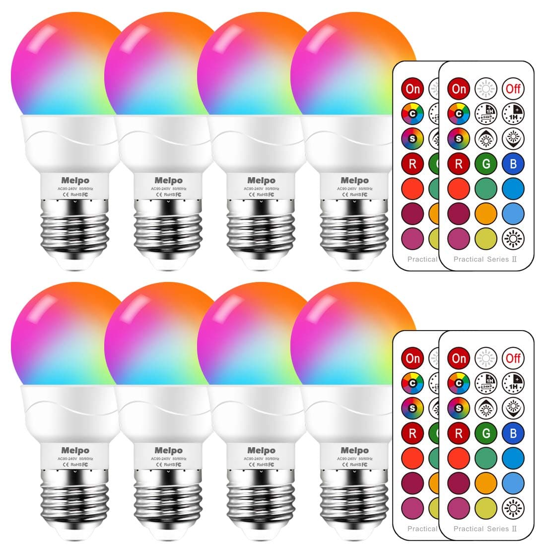 LED Color Changing Light Bulb with Remote Control, 5W 40W Equivalent, 500LM, 5700K,E26 Dimmable RGB Light Bulbs for Birthday Party/KTV Decoration/Household/Bar/Wedding (Pack of 8)