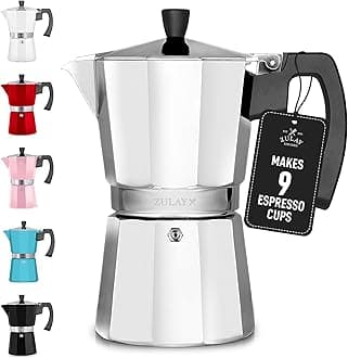 Zulay Moka Pot Espresso Stovetop Coffee Maker - Leak-Proof, Aluminum, Easy to Clean, Heat Resistant Handle & Knob - for Authentic Cuban & Italian Style Espresso - Makes 9 Espresso Cups - Silver