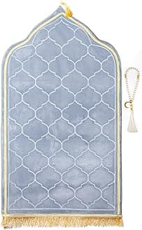 Muslim Prayer Rug with Tasbih Prayer Beads, Soft Memory Foam Prayer Matt Islam, Padded Islamic Prayer Mat Thick for Men and Women, Janamaz, Sajadah (25.6" x 43.3", Grey)