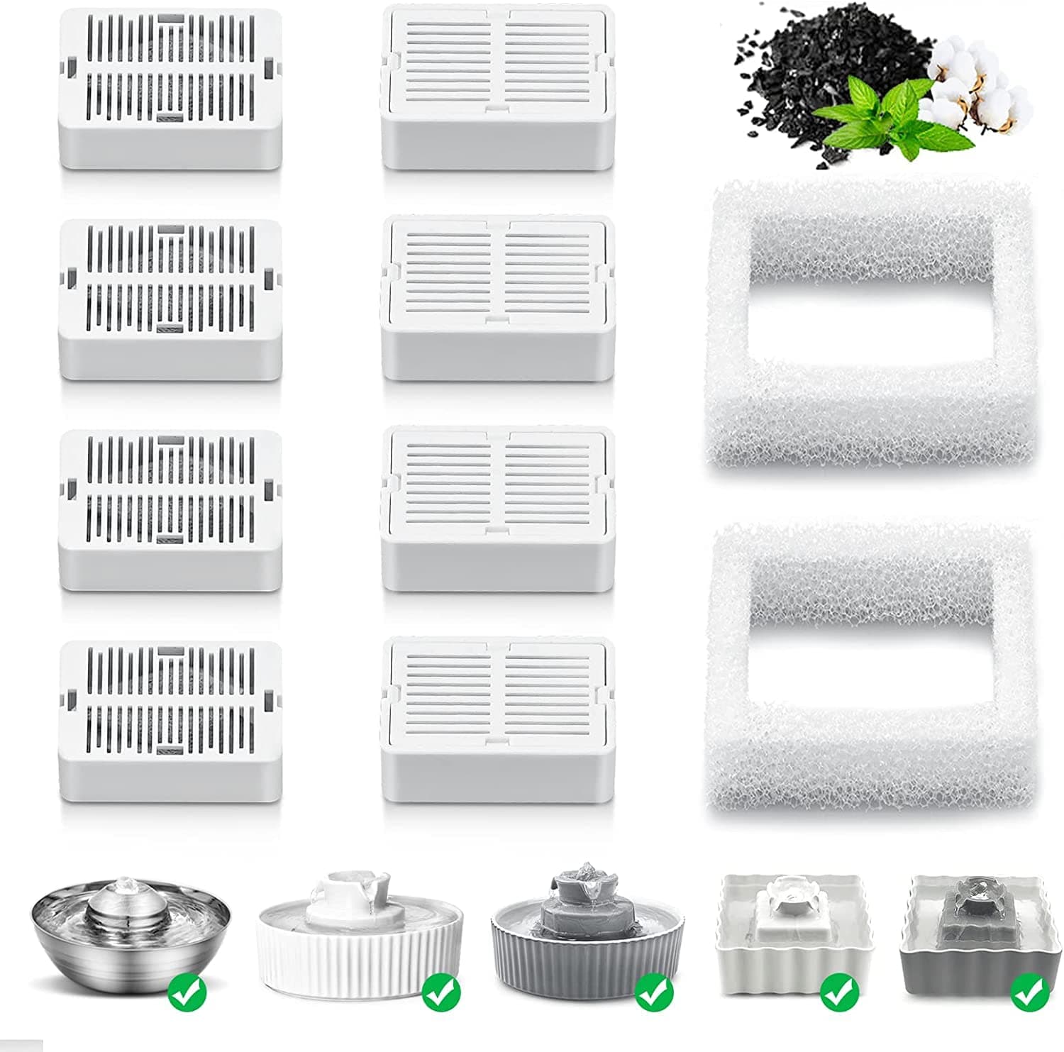 Replacement Carbon Filters for Cepheus 360 Oasisic Ceramic Pet Fountain/iPettie Cupcake/Wonder Creature Aurora and Cup Cake Pet Fountain Including 8 Carbon Filters +2 Foam Filters (10 Pack)