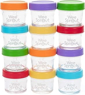WeeSprout Glass Baby Food Storage Jars - 12 Set, 4 oz Baby Food Jars with Plastic Lids, Freezer Storage, Reusable Small Glass Baby Food Containers, Microwave & Dishwasher Safe, for Infant & Baby Food