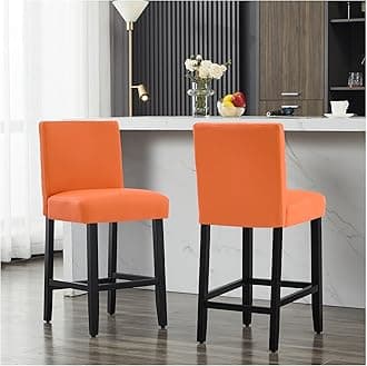 26'' Faux Leather Bar Stools Set of 2, Modern Upholstered Bar Chairs with Back, Soild Wood Legs Barstools for Kitchen Island, Orange