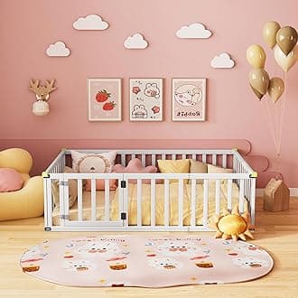 ROOMTEC Full Size Montessori Floor Bed for Kids, Solid Wood Toddler Bed Frame w/Convertible Door and Safety Fence, Floor-Bed-Frame for Children Bedroom, Toddlers, Boys Girls, Kids Playroom, White