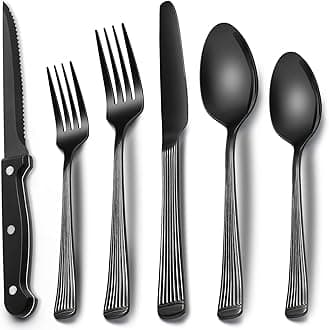 EWFEN 24-Piece Black Silverware Set with Steak Knives, Black Flatware Set for 4, Food-Grade Stainless Steel Tableware Cutlery Set, Mirror Finished Utensil Sets for Home Restaurant, Roman Column