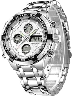 GOLDEN HOUR Luxury Stainless Steel Analog Digital Watches for Men Male Outdoor Sport Waterproof Big Heavy Wristwatch