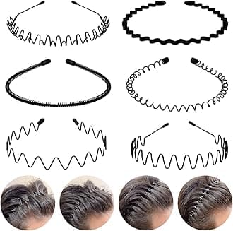 fenshine 6PCS Metal Hair Bands, Spring Wavy Hoop Unisex Black Headband Slicked Back Non Slip Sports Hairband for Women Men…