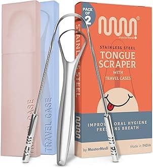 Tongue Scraper with Multicolor Cases (2 Pack), 100% Stainless Steel, Reduce Bad Breath, Easy to Use Tongue Scraper for Adults, Tongue Cleaner for Oral Care & Hygiene