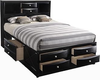 HABITRIO Queen Bed with Storage, Solid Wood Queen Size Bed Frame with Headboard (2 Bookcase, 2 Drawers), Footboard (4 Drawers), Rail with 2 Drawers, Wooden Slat, No Box Spring Needed, Black