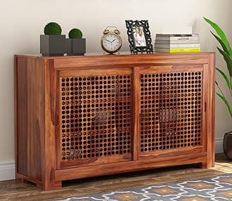Solid Sheesham Wood Wooden Sideboard Storage Cabinet : Ideal for Living Room and Bedroom with Without Drawers and 6-Shelf Storage (Hagborg, Honey Finish)