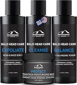 Mountaineer Brand Bald Head Care For Men | All Natural 4 Step Daily Skin Care for Healthy Scalp & Face | Exfoliate and Scrub | Cleanse Wash | Shine Away PH Balance | Protect Moisturizing Balm | 4oz