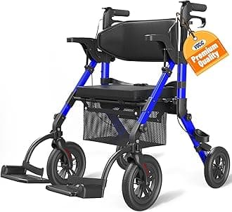 VOCIC Transport-Wheelchair-Lightweight-Foldable, Walker Wheelchair Combo, Rollator Walkers for Seniors with Seat, 2 in 1 Rolling Walker, 300lb Adults 4 Wheel Transport Chair w/Brakes & Pouch-2024 New