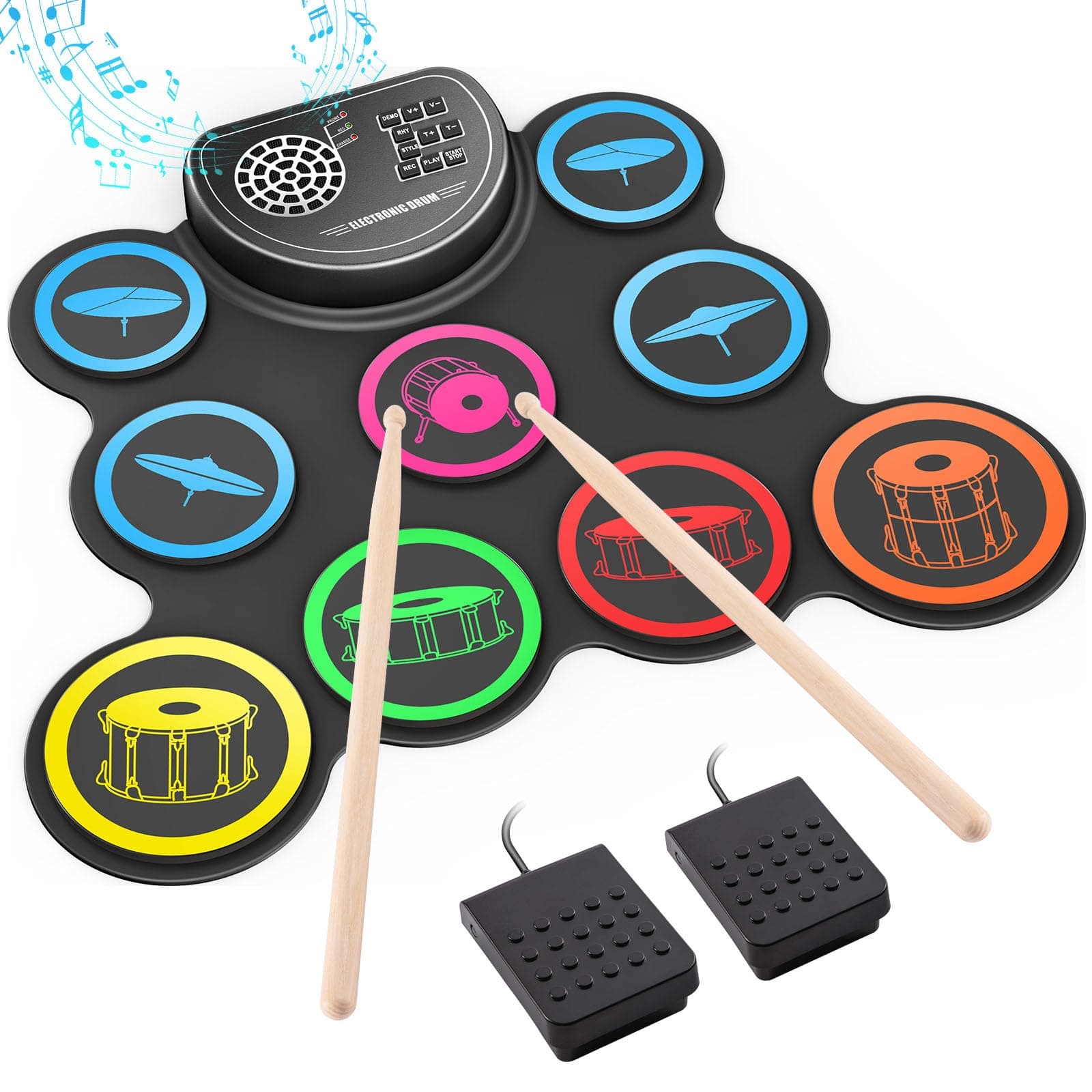Electronic Drum Set, 9 Practice Pad With Headphone Jack, Roll Up Kit Machine Built-In Pedals And Sticks 10 Hours Of