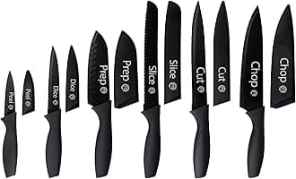 Kitchen Knife Set with Covers, 6 Professional Chef Knives for Home Kitchens, Extra Sharp Cutting Stainless Steel Blades & Protective Sheaths, Soft-Touch Easy-Grip Handles, Essential Black