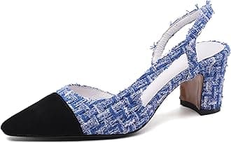 MICIFASlingback Heels for Women，Round Toe Chunky Heeled Pumps Ankle Strap Fashion Splicing Dress Shoes