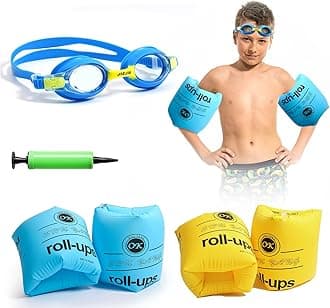 Arm Floaties for Kids,Swim Trainer Floaties and Kid's Swimming Goggles with Anti-Fog and Anti-UV(4 Pack),PVC Arm Floaties Inflatable Swim Arm Bands Floater Sleeves Children's Swimming Ring