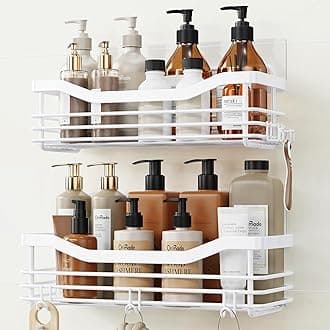 Orimade Shower Caddy Basket Shelf Storage Rack, No Drilling Wall Mounted Adhesive Rust Proof Stainless Steel Shower Organizer with 5 Hooks for Bathroom, White 2 Pack
