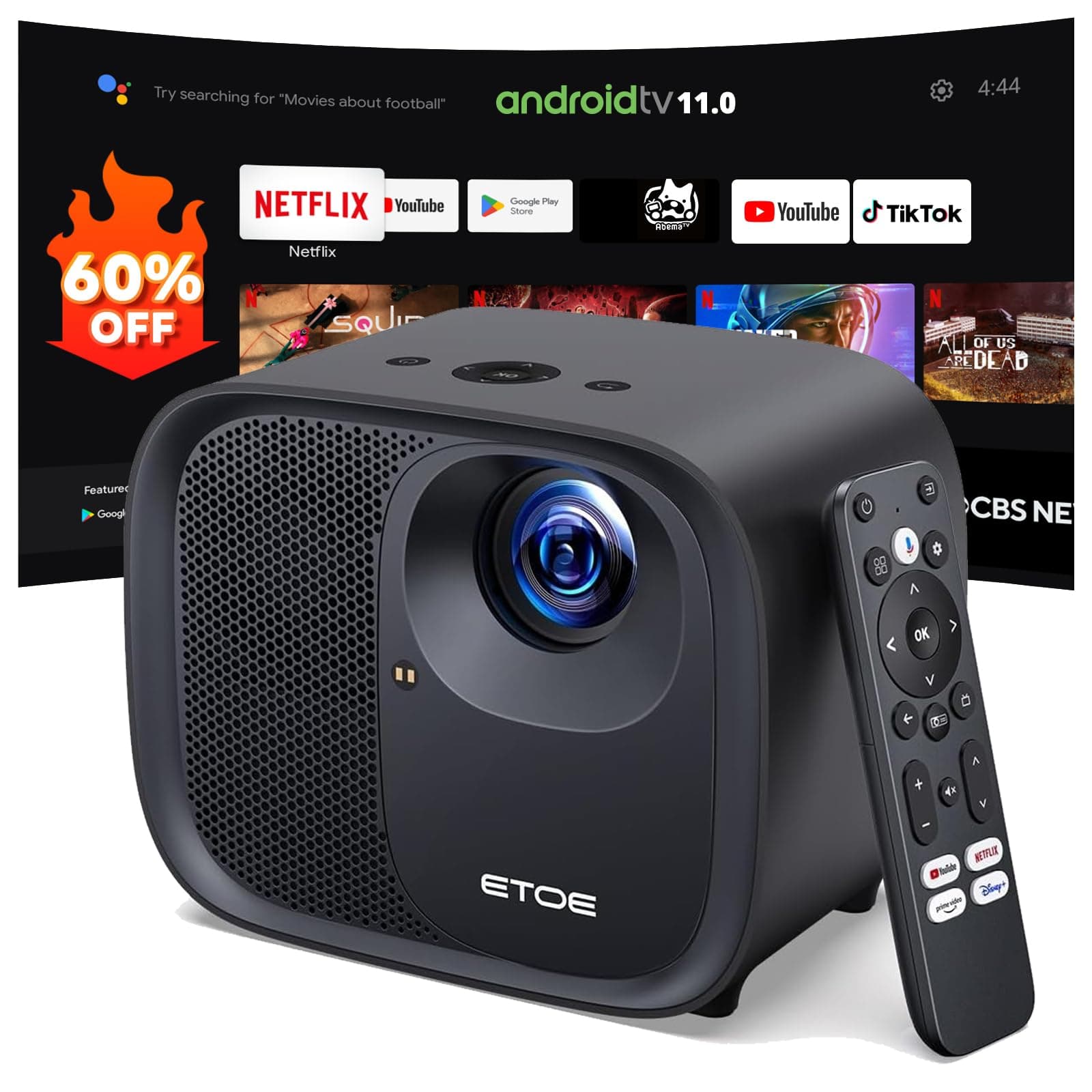 ETOE E3 Pro Mini Projector 4K, Android TV 11.0, Netflix Licensed, 600 ANSI Lumens, 150", Autofocus and Auto Keystone Correction, 2x10W Speakers, Dolby Audio, HDR 10+, Chromecast Built-in