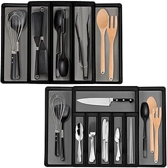 Eltow Expandable In Drawer Cutlery Organizer & Utensil Tray Set - 2 Kitchen Storage Trays For Flatware, Silverware, Cooking Utensils & More- Multipurpose Organizer For Kitchen & Office Supplies -Black