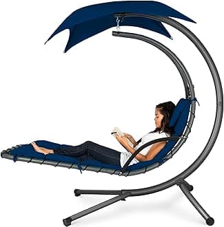 Best Choice Products Hanging Curved Chaise Lounge Chair Swing for Backyard, Patio w/Pillow, Canopy, Stand - Navy Blue