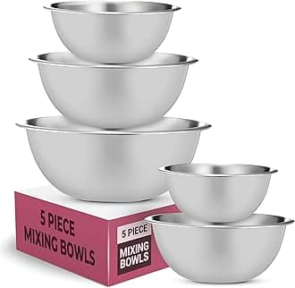 FineDine Stainless Steel Mixing Bowls (Set of 5) Stainless Steel Mixing Bowl Set - Easy To Clean, Nesting Bowls for Space Saving Storage, Great for Cooking, Baking, Prepping