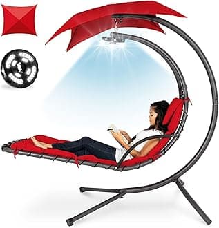 Best Choice Products Hanging LED-Lit Curved Chaise Lounge Chair Swing for Backyard, Patio, Lawn w/ 3 Light Settings, Weather-Resistant Pillow, Removable Canopy Shade, Steel Stand - Red