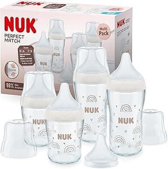 NUK Perfect Match Glass Baby Bottle Set | From 6 Months | Adapts to Baby | Temperature Control | 4 Anti-Colic Bottles and Additional Silicone Teat | 120 ml & 230 ml | BPA Free | Rainbow | Pack of 5