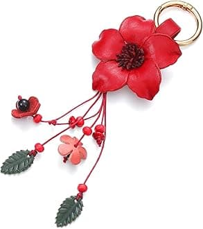 Inbagi Leather Leaf Flower Tassel Keychain Boho Accessories Cute Keychains for Women Wallet Bag Purse Ring Pendant Charms (Red)