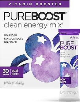 Pureboost Clean Energy Booster, Refreshing Energy Drink Mix with B12 Vitamins, Electrolytes, Antioxidants, Sugar-Free with No Sucralose (Acai Alert, 30 Count)