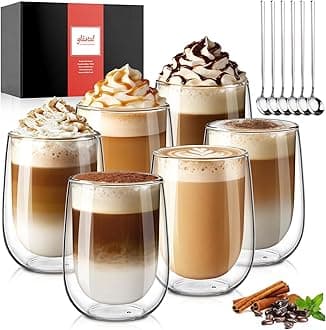 6x350ml Double Walled Coffee Glasses Mugs Cappuccino Latte Macchiato Glasses Cups for Coffee Tea Milk Juice Ice Cream Borosilicate Heat Resistant Glass Cups