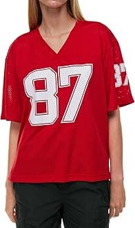 Oversized Jersey Shirts for Women Y2k Number Graphic Print V Neck Short Sleeve Aesthetic Summer T-Shirt Streetwear