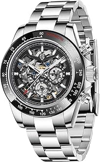 HaiqinPAGANI DESIGN 1777 Men's Multifunction Automatic Mechanical Watch Skeleton Rainbow Bezel Stainless Steel Strap Waterproof Luminous Luxury Analog Watch