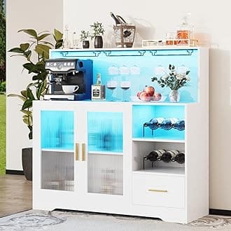 Bar Cabinets for Home with LED Light & Storage Drawer & Glass Holder & Wine Rack & Power Outlet & Door & Shelves for Living Room Kitchen Modern Black