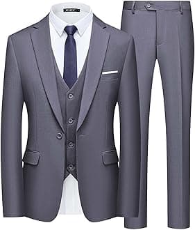 WULFUL Men's Slim Fit Suit 3-Piece One-Button Suit Business Wedding Party Jacket Vest Trousers