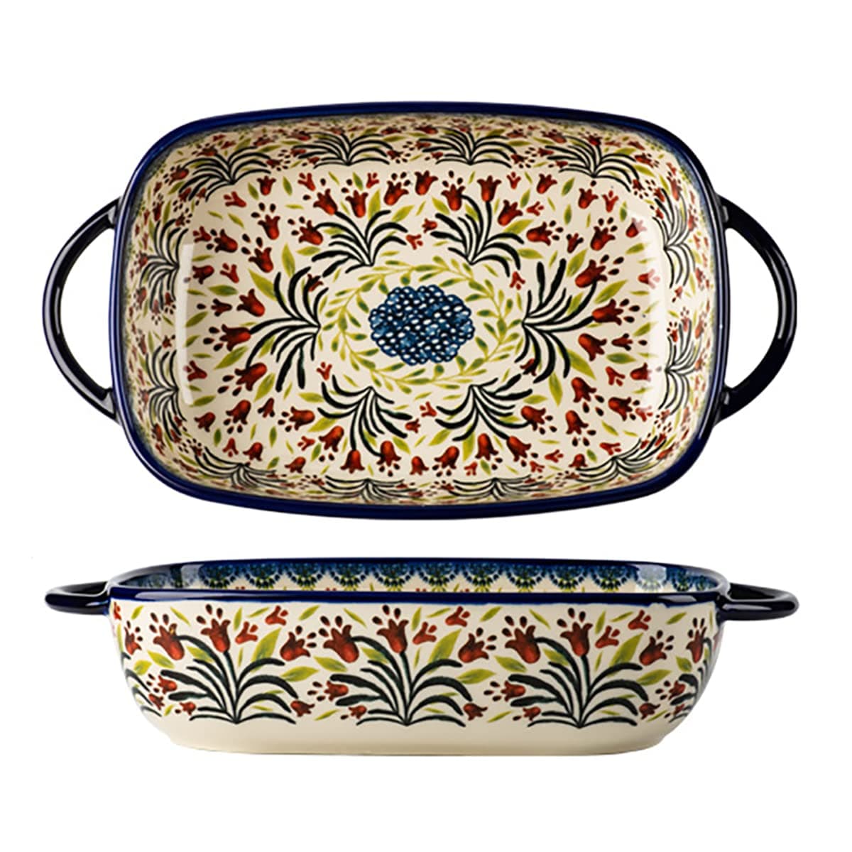 Vintage Style Tulip Flower Pattern Ceramic Bakeware Casserole Dish Baking Pan Lasagna Pans Baking Dish with Handles for Oven/Cooking/Kitchen-1 PCS-60 OZ