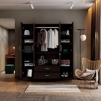 Wakefit Wardrobe | 1 Year Warranty | Engineered Wood Almirah, Cupboard for Clothes Storage | 4 Door, Mirror, 1 Drawer, 1 Hanging Space | Organza Plus - Wenge