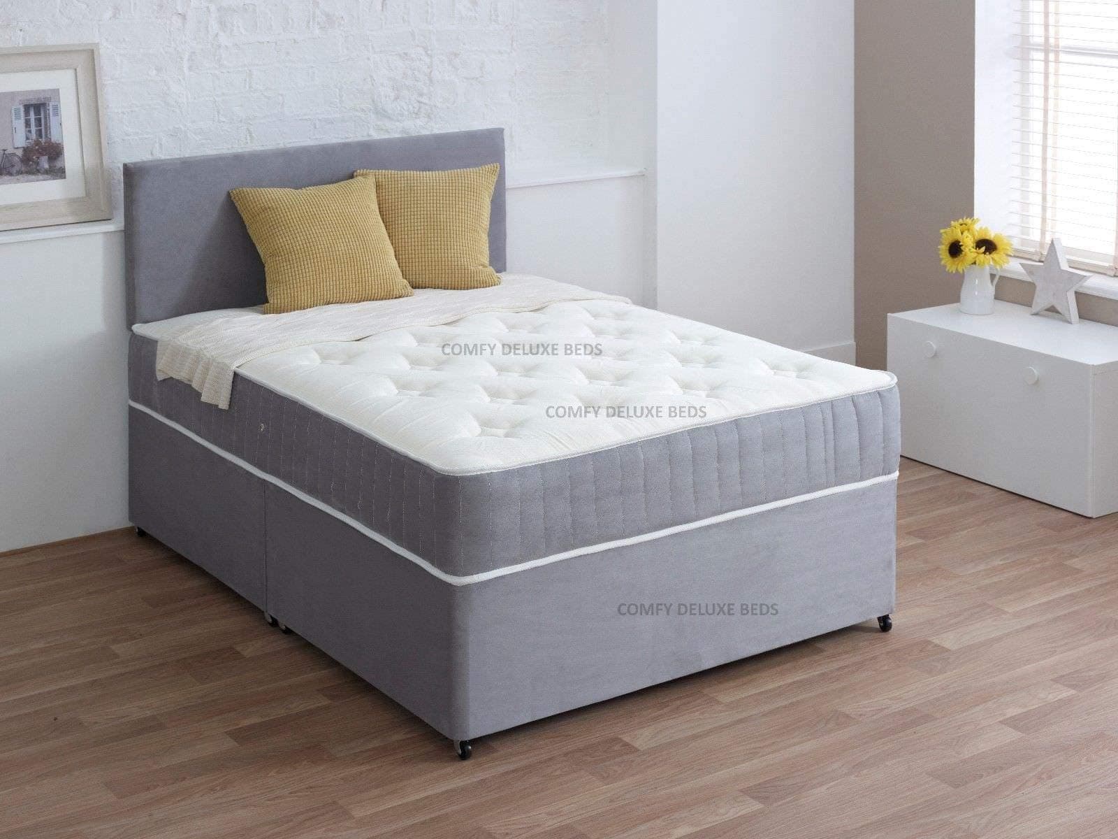 Comfy Deluxe LTD 3FT Single Bed Set with Memory Sprung Mattress - Silver Suede Divan Bed Frame with 20" Plain Headboard, Chrome Glider Feet & No Storage - UK Made