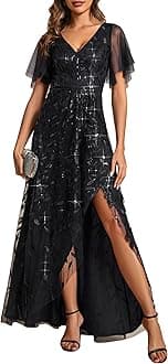Ever-Pretty Women's Shimmery Formal Dress V Neck Sequins A-Line Side Slit Elegant Long Evening Dresses 02083